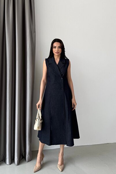 Serica Moda Μπλε ναυτικό μίντι φόρεμα με διπλό στήθος, αμάνικο και με κουμπιά