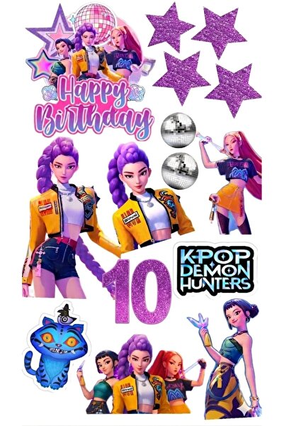 telaşe memuru K-POP Demon Hunters 10 Yaş Pasta Süsü - Yenilebilir Kağıt Pasta...