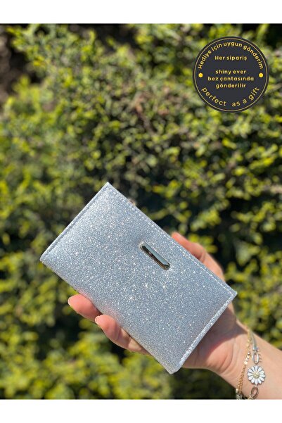 shiny ever Γυναικείο δερμάτινο πορτοφόλι Işıltı σε γκρι απόχρωση με χρυσή λεπ...