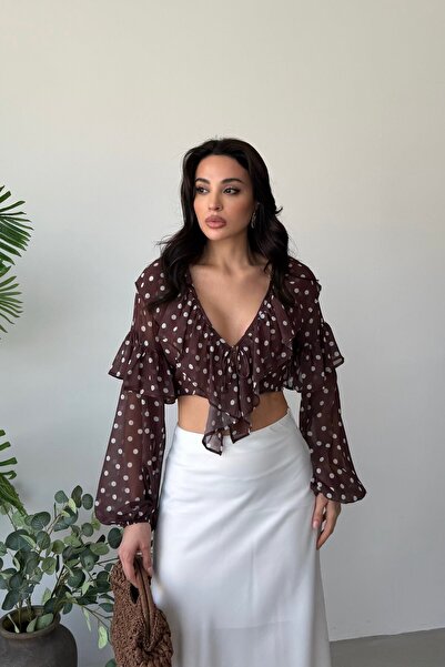 Serica Moda Καφέ πουά μπλούζα σιφόν με δέσιμο μπροστά