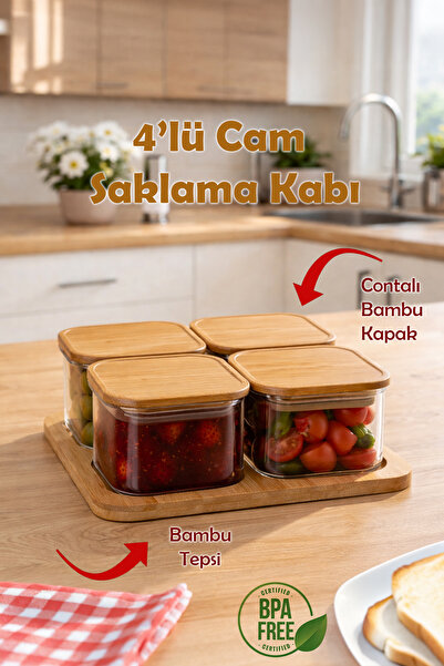 Empressco Dörtlü Kare Bambu Kapaklı Cam Saklama Kabı Seti, 250ml, Hava Geçirmez