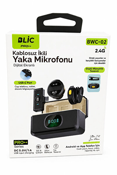 Blic BWC-02 Kablosuz İkili Yaka Mikrofonu Dijital Ekranlı Şarj Kutulu Type-C ...