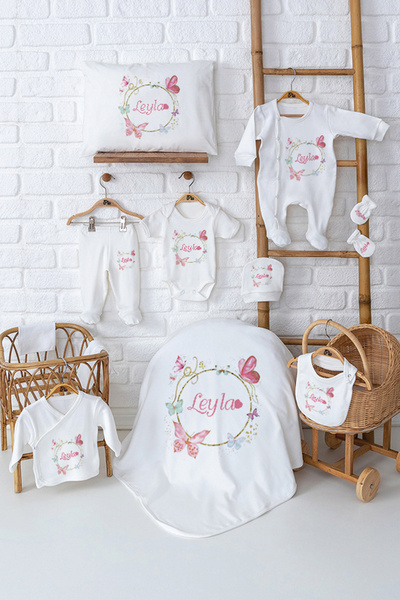 Pia Baby 11 Parça İsimli Kız Bebek Hastane Çıkışı %100 Pamuk Organik Baskılı