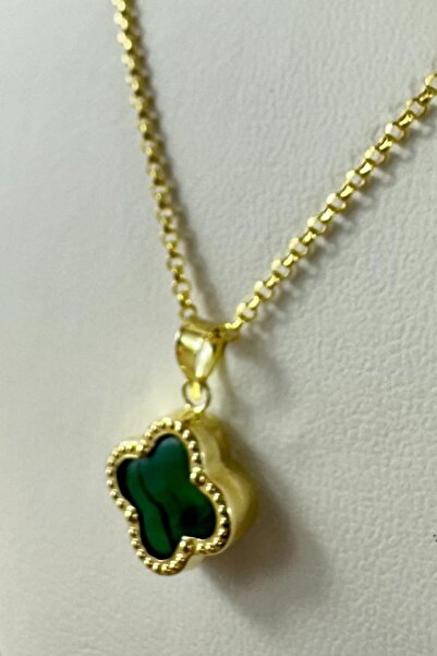 K KRAFTIVA JEWELRY 14 Ayar Altın Doç Zincirli Büyük Yeşil Taşlı Yonca Kolye