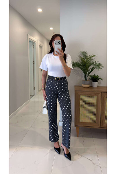 BİRCANÇİL Γουάρος Τζιν με κομμένα τελειώματα και σχέδιο πουά, σε στυλ καπνιστ...