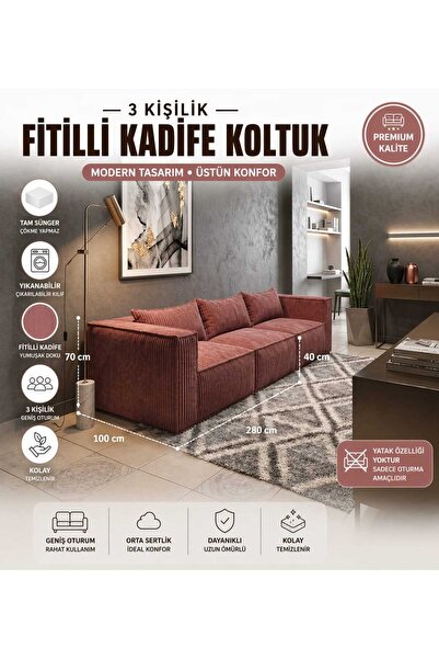 COLORMİX Fitilli Kadife 3' lü Koltuk Tam sünger Rahat Oturum Modern Kanepe Ko...