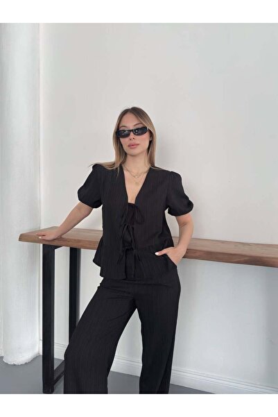 VESS MODA Σετ Μπλούζας και Παντελονιού με Λεπτομέρεια Δέσιμο στο Μπροστινό Μέρος