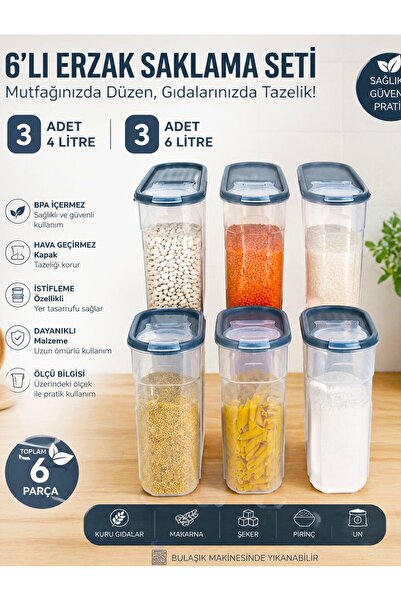 SWENCRAFT 6 Litre 3 Adet 4 Litre 3 Adet Erzak Bakliyat Saklama Kabı Kiler Box 6 'li Set Lüks Şık Kutu Gri Renk 6 ADET