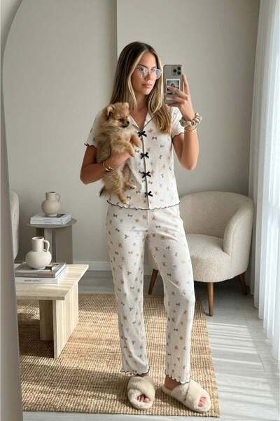 Madmext Λεπτομερές σετ γυναικείας πιτζάμας με λευκό φιόγκο MG2832