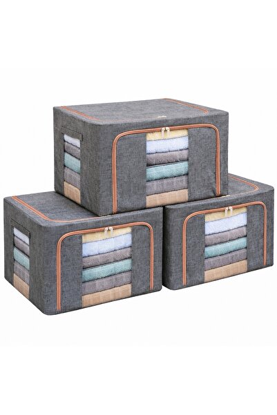Avaleea Set 3 Cutii Depozitare Textile cu Fermoar si Fereastra, 100L , Gri, O...