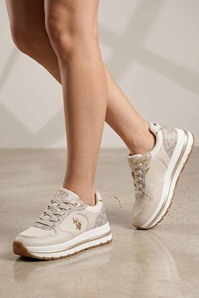 U.S. Polo Assn. Γυναικεία αθλητικά παπούτσια με λευκό σχέδιο - Άνετη ψηλή σόλ...