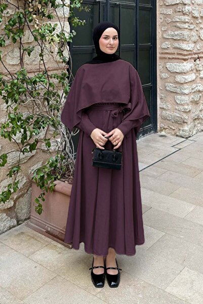 lamelif Cape Detailed Dress in Plum Color