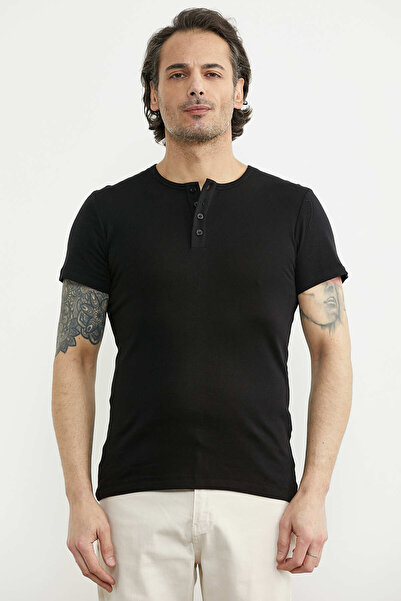 Sementa Tricou din bumbac cu mânecă scurtă și nasturi - Negru