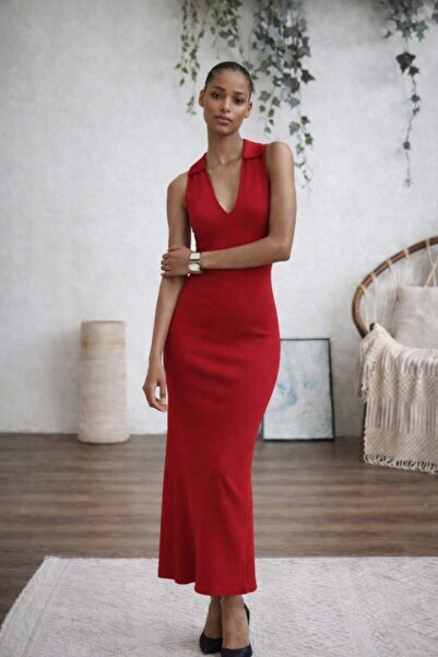 Modayakamoz Γυναικείο Αμάνικο Μακρύ Πλεκτό Φόρεμα με V-λαιμόκοψη