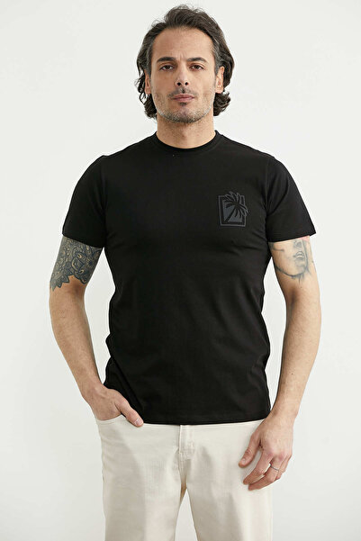 Sam Tricou de bază cu mânecă scurtă cu imprimeu palmieri - Negru