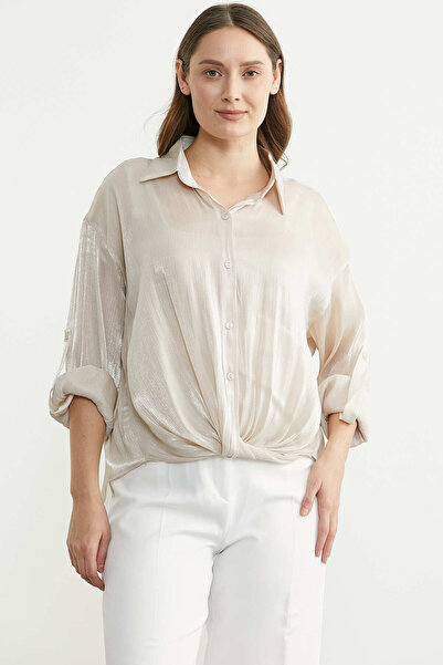 Sementa Front Knotted Glittery Shirt - Stone