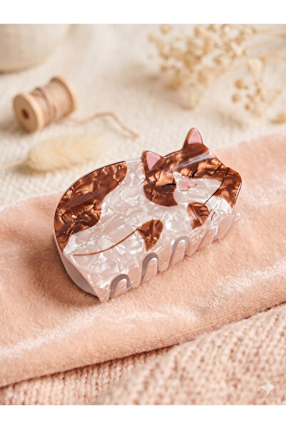 PABALAS Κλιπ μαλλιών με φιγούρα λευκής καφέ γάτας – Ακρυλικό κλιπ μαλλιών υψη...