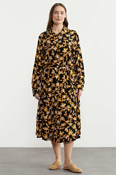 Sementa Φόρεμα πουκάμισο με μοτίβο και μακριά μανίκια από βισκόζη - Μαύρο