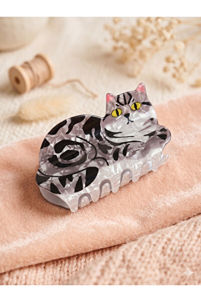 PABALAS Κλιπ μαλλιών με φιγούρα γάτας – Γκρι μοτίβο, ακρυλικό κλιπ με νύχια υ...