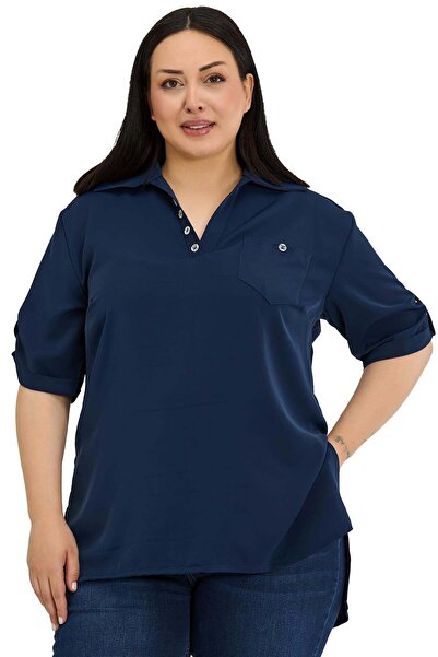 DISENTIS MODEST Plus Size Navy Blue Blouse with Buttoned Collar and Patten De...
