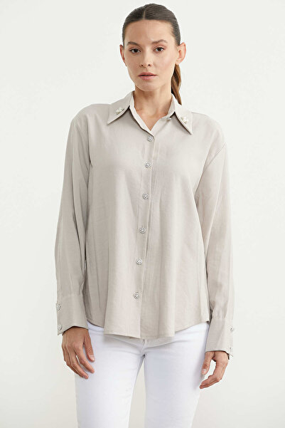 Sementa Πουκάμισο Τένσελ με Λεπτομέρεια Πέρλας και Άνετη Εφαρμογή - Πέτρινο