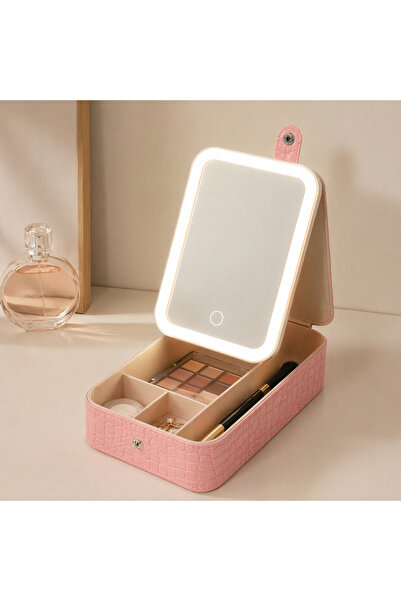 OEM Καθρέφτης μακιγιάζ με φωτισμό LED και οργανωτής μακιγιάζ, Ροζ