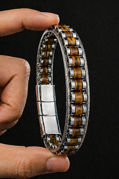 İyyaKee Tiger's Eye Stone Steel Men's Bracelet Multi-Row Modern Design