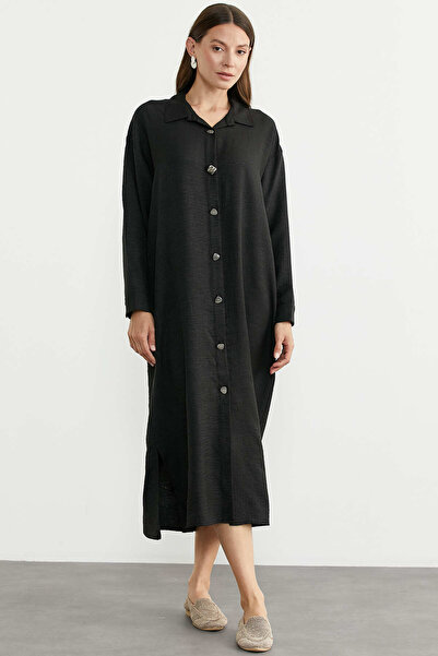 Sementa Φόρεμα πουκάμισο με λινό εμφάνιση και ντραπέ σχέδιο - Μαύρο