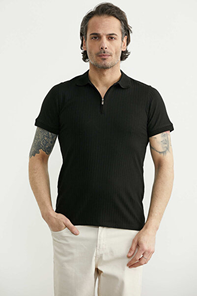 Sam Ribbed Polo Collar Zipper T-Shirt - Black