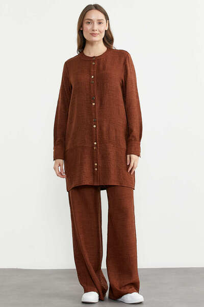 Sementa Σετ Πουκάμισο και Παντελόνι με Λινή Όψη - Καφέ