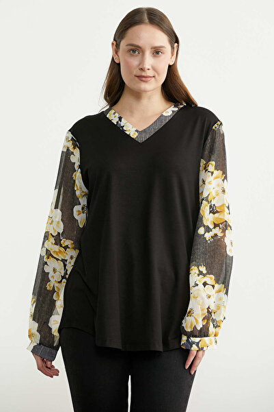 Sementa Μπλούζα μεγάλου μεγέθους με συνδυασμό σιφόν και λαιμόκοψη V - Μαύρη