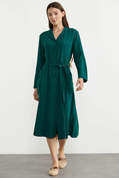 Sementa Φόρεμα πουκάμισο με μακριά μανίκια σε εμφάνιση λινό - Πετρέλαιο