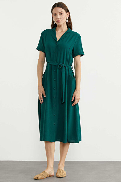 Sementa Φόρεμα-πουκάμισο με λινή όψη και τσέπες - Πετρέλαιο