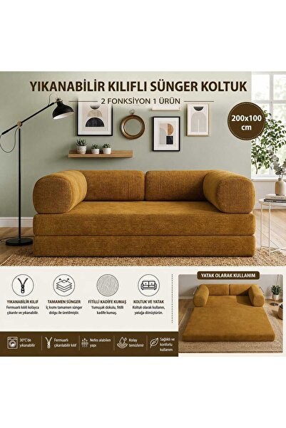 COLORMİX Katlanabilir Sünger Yatak 3'lü Koltuk Olabilen Yer Yatağı Yıkanabili...
