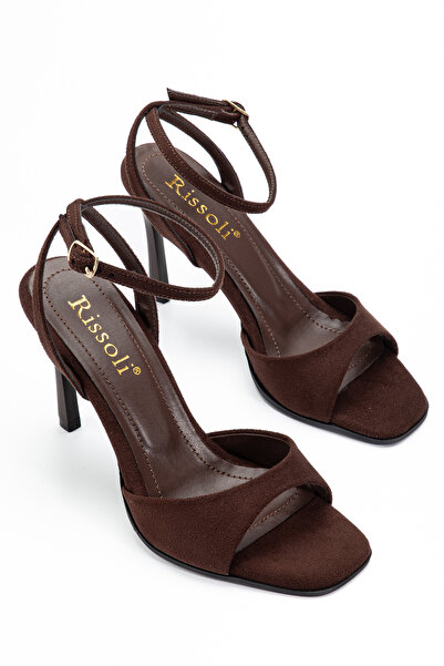 RİSSOLİ Καφέ σουέντ γυναικεία σανδάλια με μονό λουράκι και τακούνι
