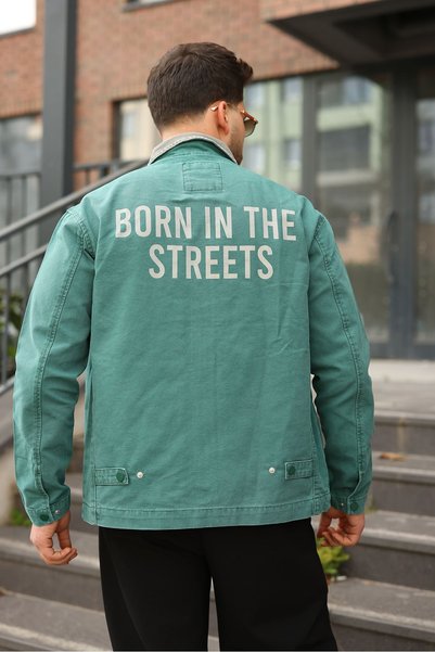LTC Jeans Men's Regular Zippered, Snap-Fastened, and Printed Green Canvas Jacket