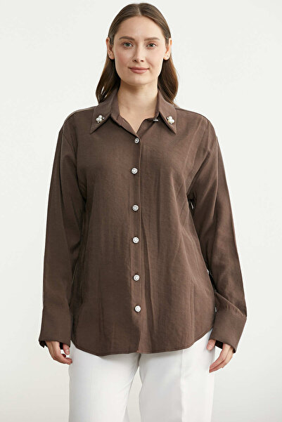Sementa Tencel Pearl Detailed Comfortable Fit Shirt - Brown