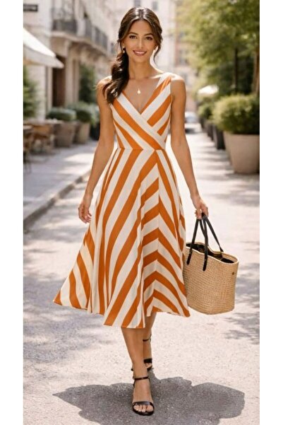 Wear Up Γυναικείο φόρεμα μίντι με λουράκια, διπλό γιακά, ριγέ, χωρίς ζώνη, στ...