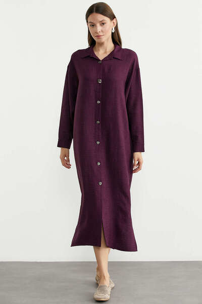 Sementa Φόρεμα πουκάμισο με λινό εμφάνιση και ντραπέ σχέδιο - Δαμασκηνί