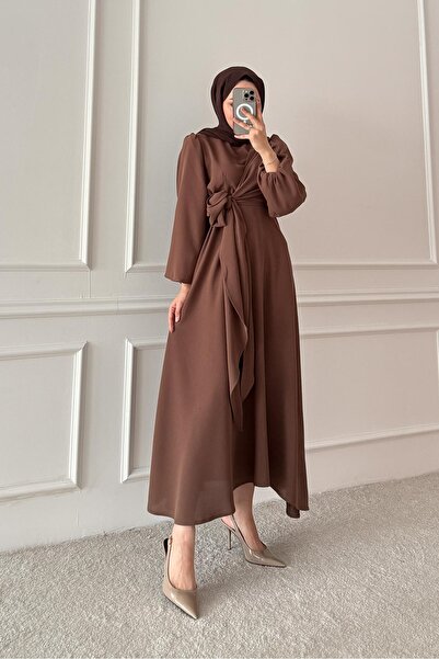 Rimel Moda Bağlamalı Elbise Kahverengi