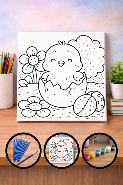 giftkonsept Boyanabilir Ahşap Tuval Seti 27x27 cm Civciv – 6 Renk Akrilik Boy...