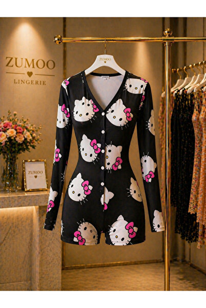 ZUMOO Desenli Kadın Tulum Pijama Düğmeli Uzun Kollu Şort Tulum Ev Giyim Rahat