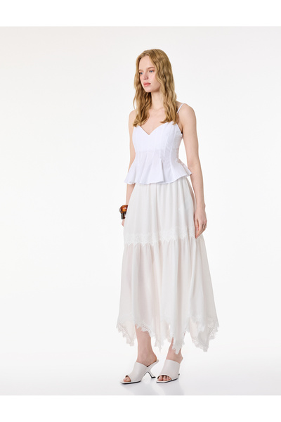 Koton Δαντελένια φούστα με λεπτομέρειες, ασύμμετρη κοπή, μήκους midi, σε χρώμ...