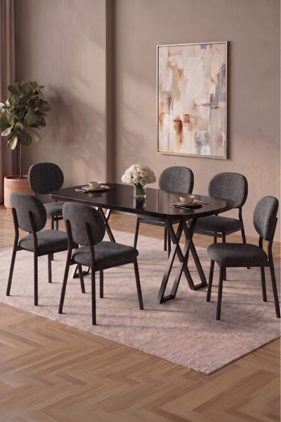 Rovena HOOLİ Siyah 90x168 Sabit Yemek Masası Mutfak Masası Takımı 6'lı polo s...