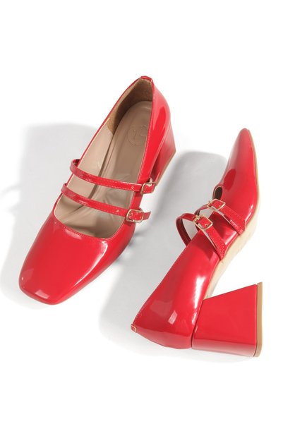 Modabuymus Bright Red Patent Leather Mary Jane Shoes Double Strap Thick Heeled Blunt Toe Shoes Culia