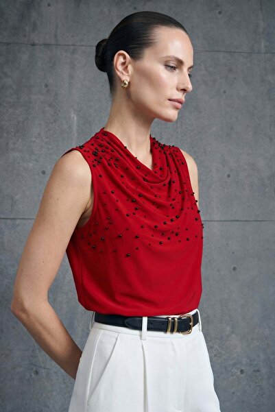 Sateen Μπλούζα με Λεπτομέρειες από Πέρλες - Κόκκινο