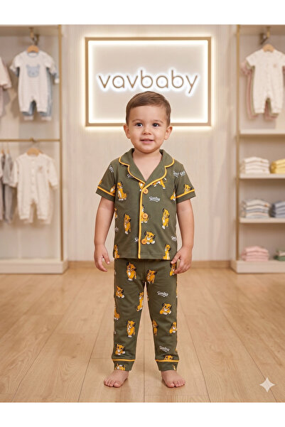 VaVbaby طقم بيجامة قطني بياقة مزدوجة الصدر وأزرار أمامية بنمط الأسد الملكي مو...