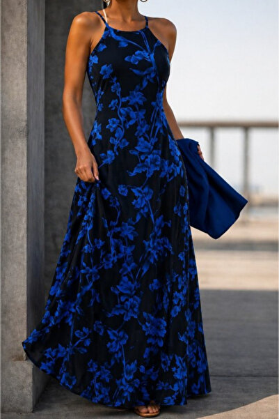 Kokosh moda Kadın İp Askılı Halter Yaka Desenli Uzun Süprem Elbise