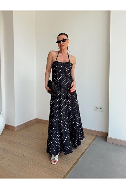 My Blog Μαύρο φόρεμα πουά με δέσιμο στο λαιμό - 4733