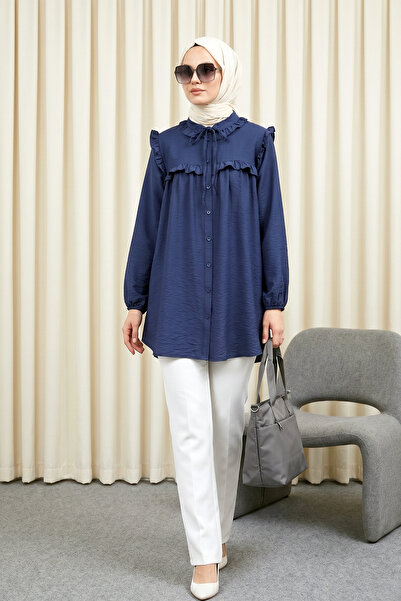 MODAQU Πουκάμισο τουνίκ με βολάν - Ίντιγκο